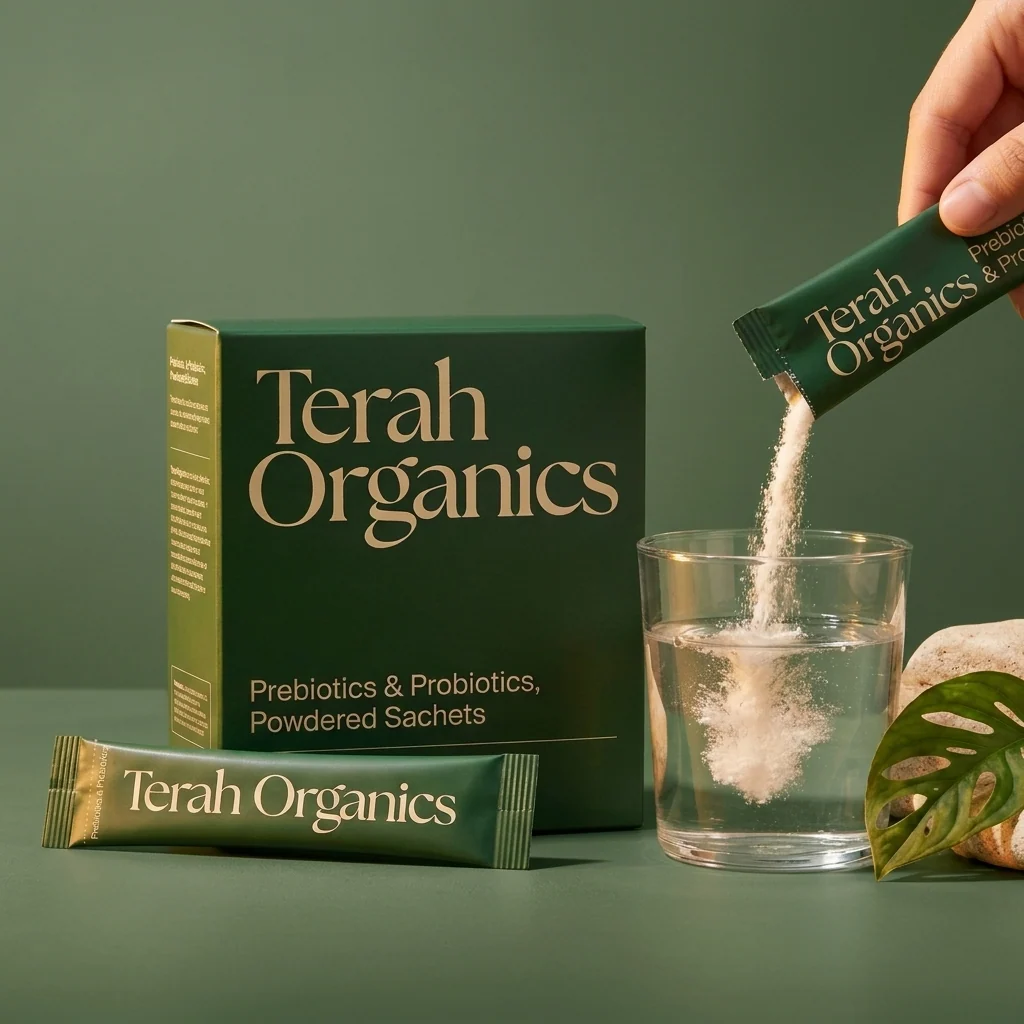 Concept packaging in warm light: a forest green Terah Organics box and stick sachet, with a hand pouring powder from a second sachet into a glass of water.
